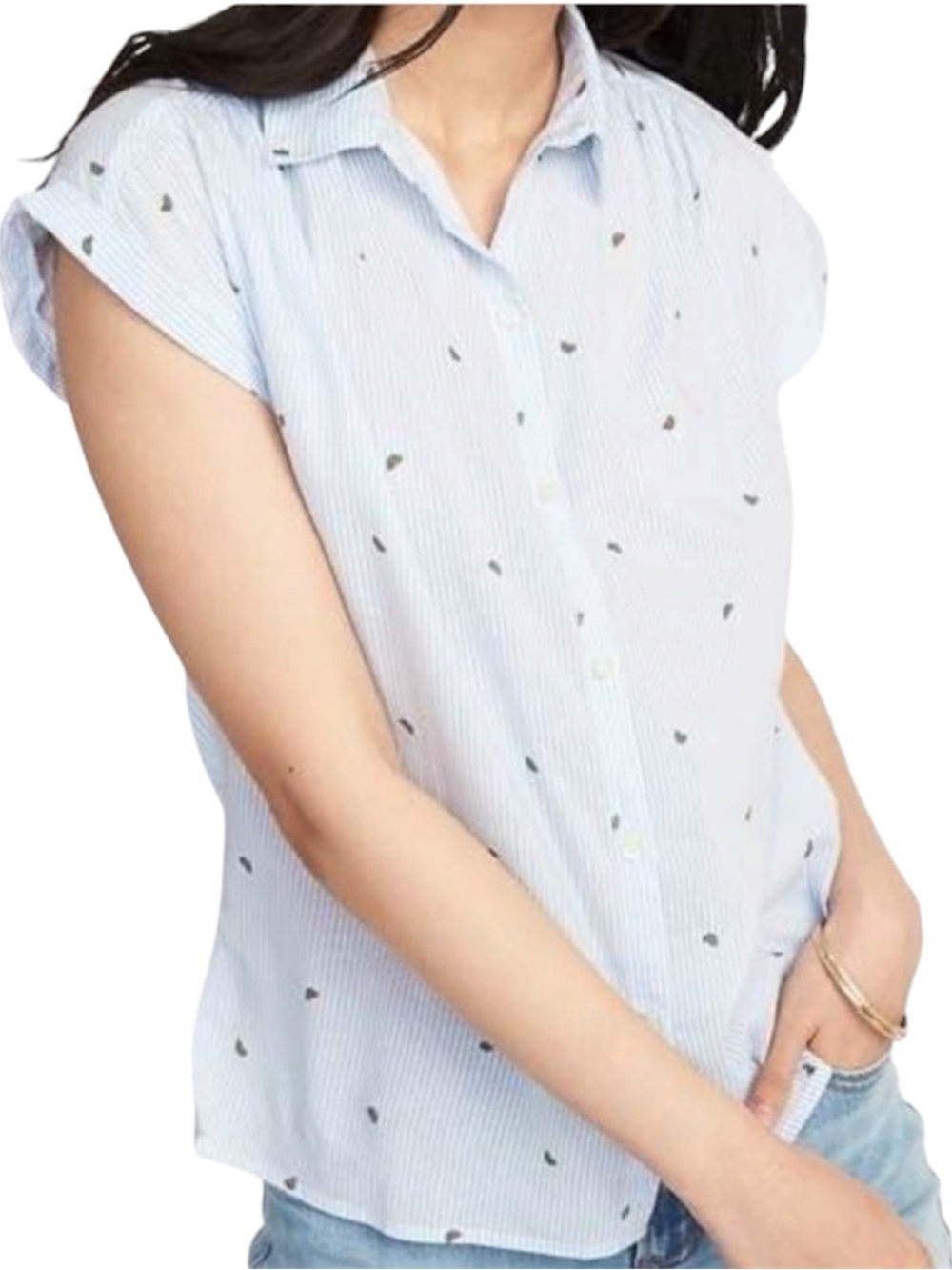 Old Navy Watermelon Light Blue Stripe Cap-Sleeve Button-Down Top